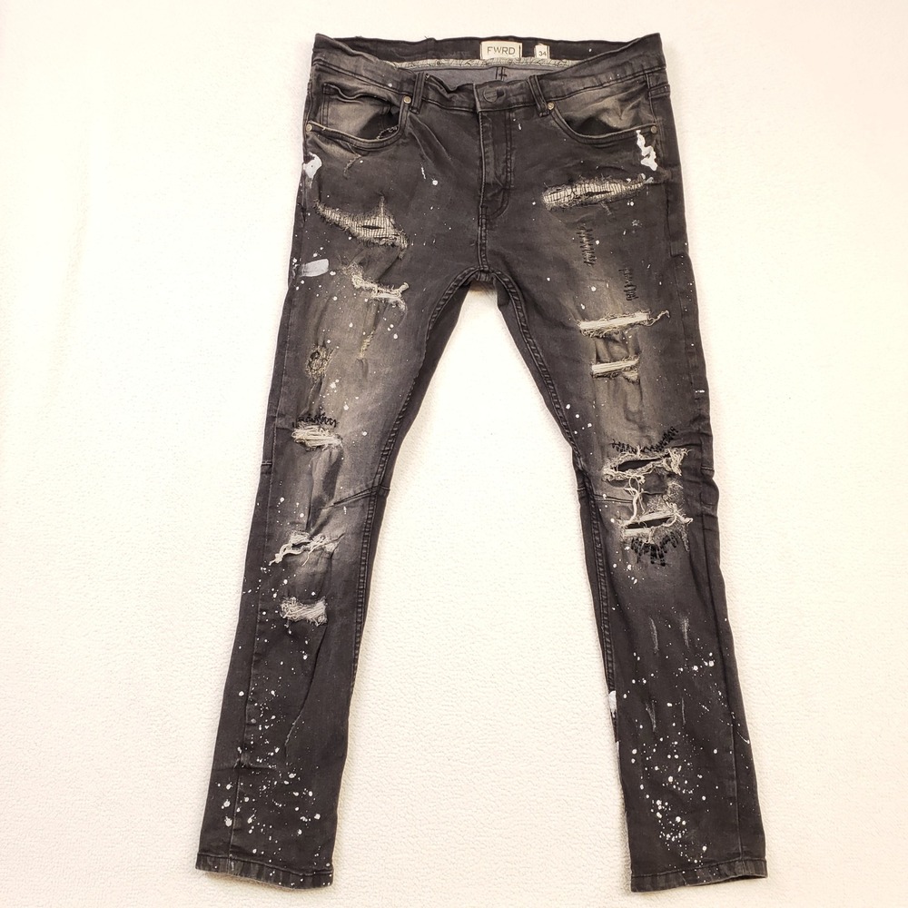 FWRD Denim Jeans Mens 34 Black Distressed Paint Splatter Ripped Slim Fit Moto